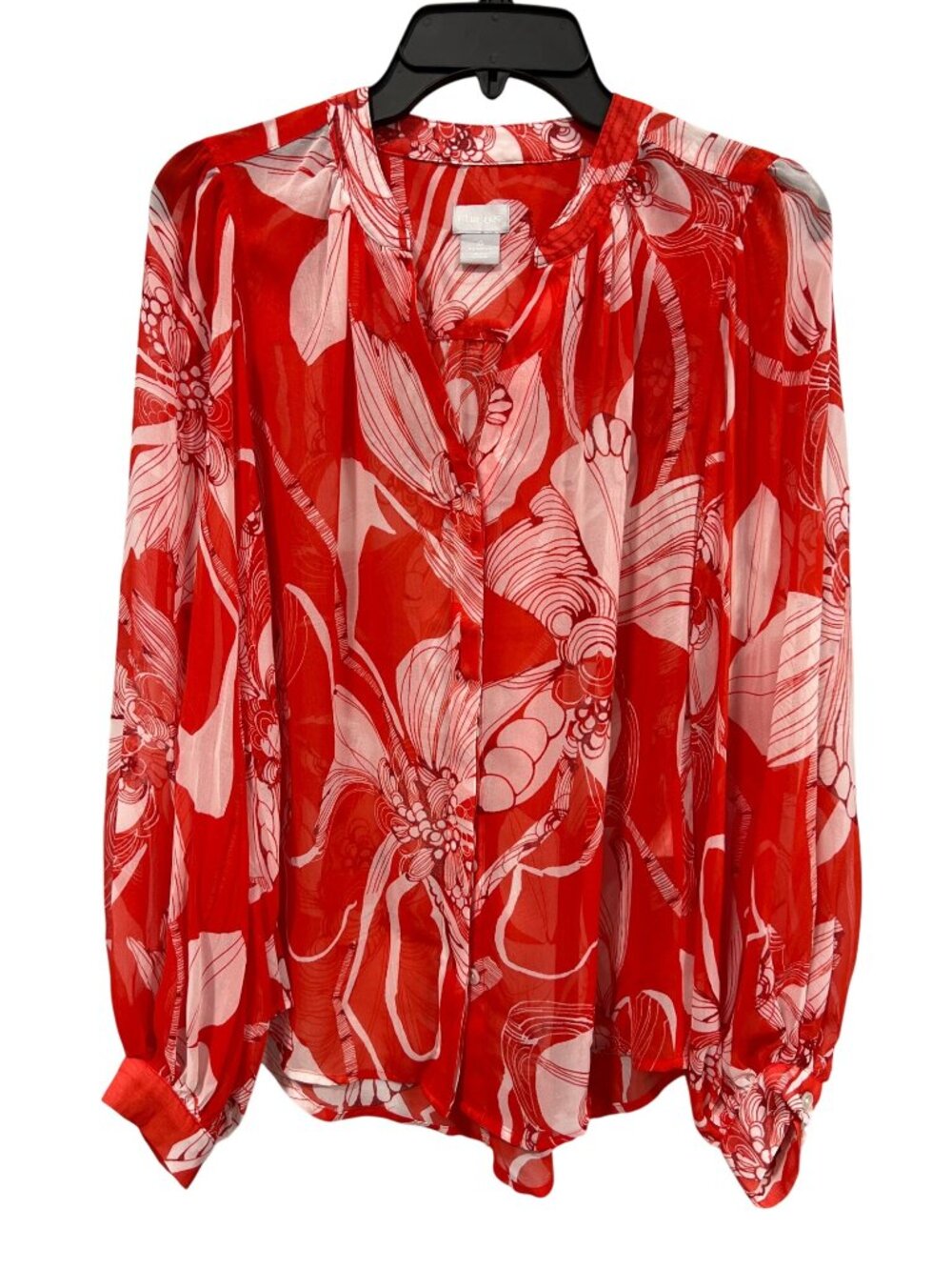 Chicos Blouse Size 4/6 Sheer Print Button Front Red White Boho Business Casual